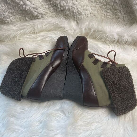 Ashley Stuart Olive Green textile &Brown faux leather lace up wedge boots SZ12W. - Picture 7 of 12